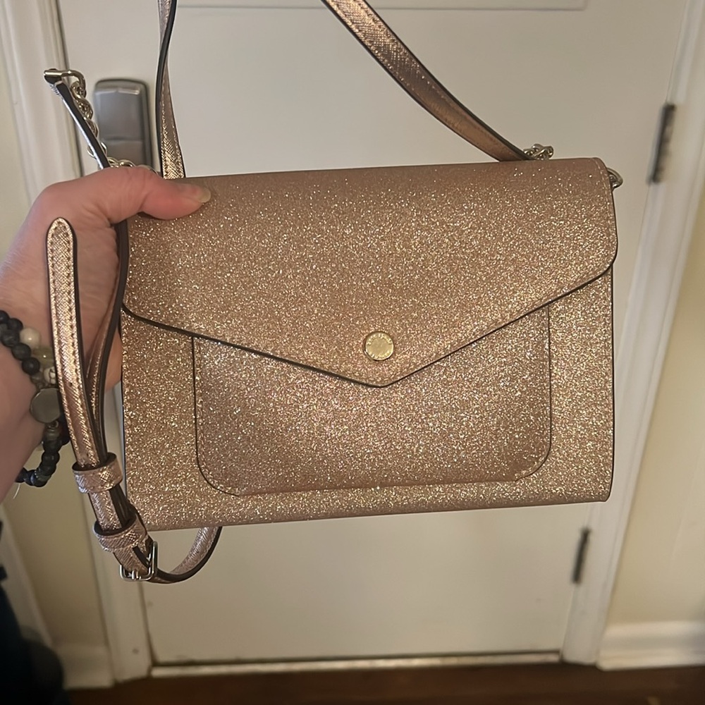 Kate Spade Tinsel Flap Crossbody Purse in Rose Gold
